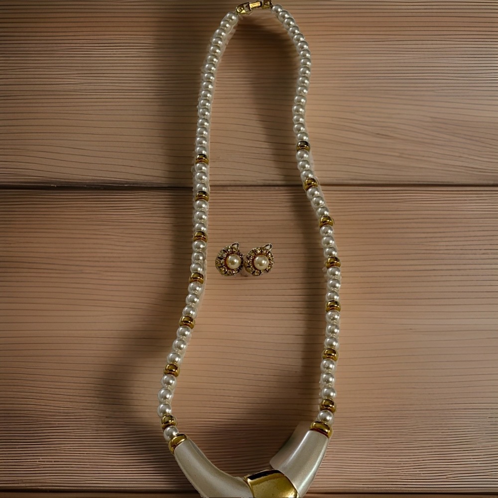 Vintage 1980s Napier Art Deco Faux Pearl Necklace & Earring Set Statement